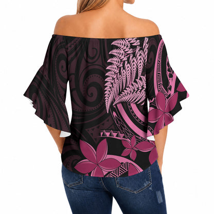 Aotearoa Maori Off Shoulder Wrap Waist Top Pink Fern Ribbons on Black