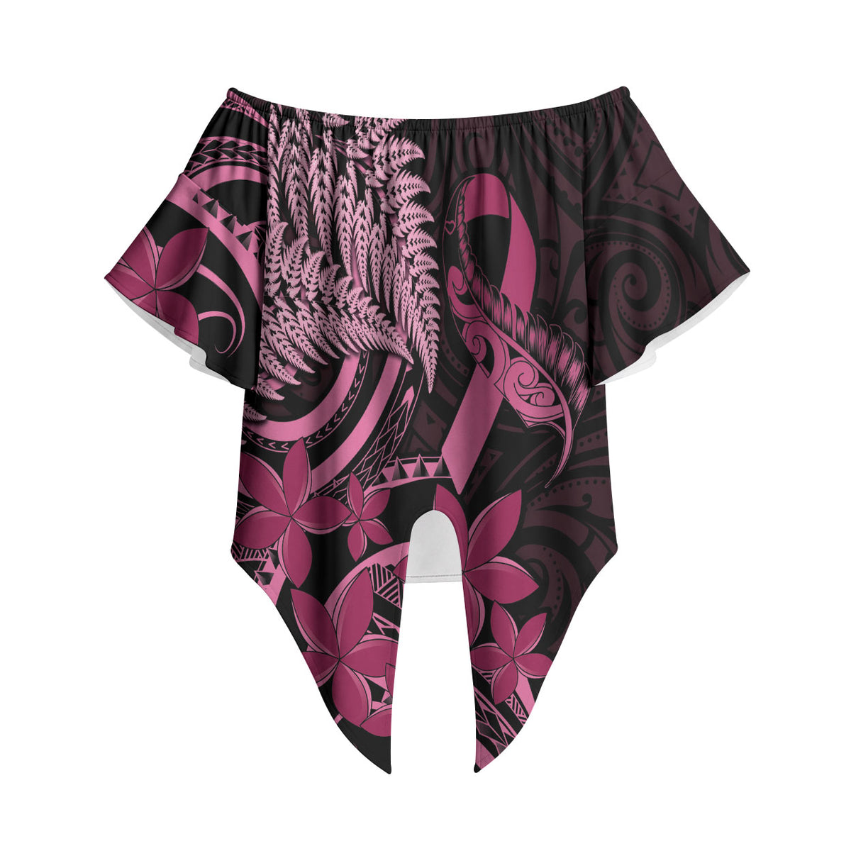 Aotearoa Maori Off Shoulder Wrap Waist Top Pink Fern Ribbons on Black