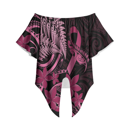 Aotearoa Maori Off Shoulder Wrap Waist Top Pink Fern Ribbons on Black