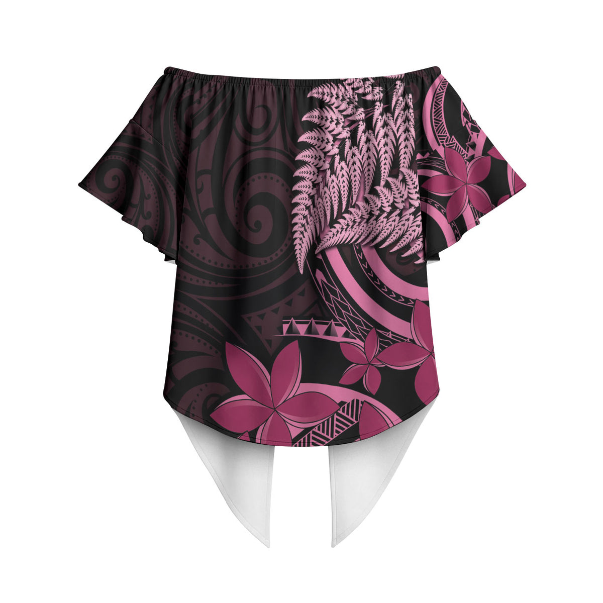 Aotearoa Maori Off Shoulder Wrap Waist Top Pink Fern Ribbons on Black
