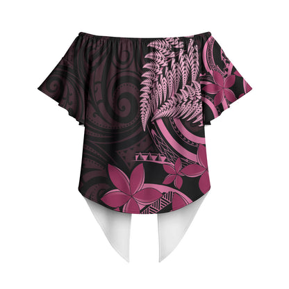 Aotearoa Maori Off Shoulder Wrap Waist Top Pink Fern Ribbons on Black