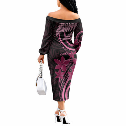Aotearoa Maori Off The Shoulder Long Sleeve Dress Pink Fern Ribbons on Black