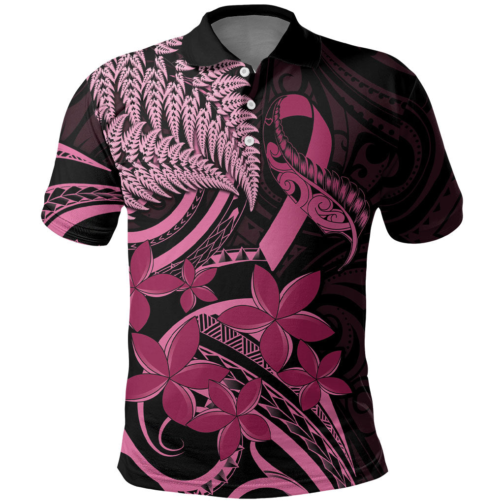 Aotearoa Maori Polo Shirt Pink Fern Ribbons on Black