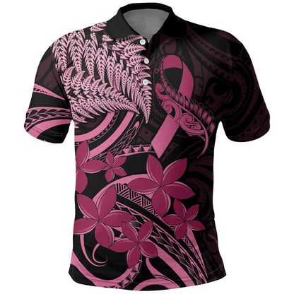 Aotearoa Maori Polo Shirt Pink Fern Ribbons on Black