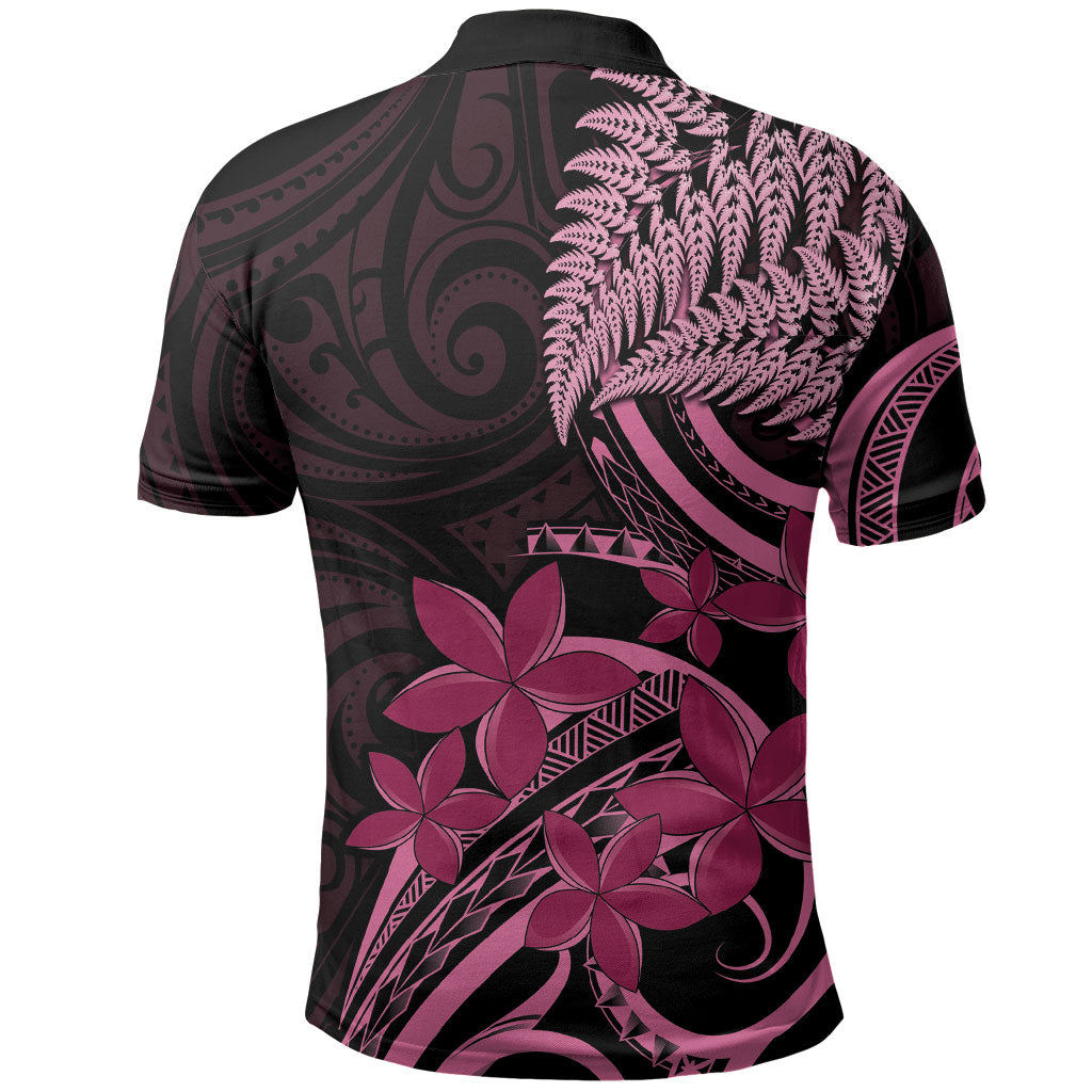 Aotearoa Maori Polo Shirt Pink Fern Ribbons on Black