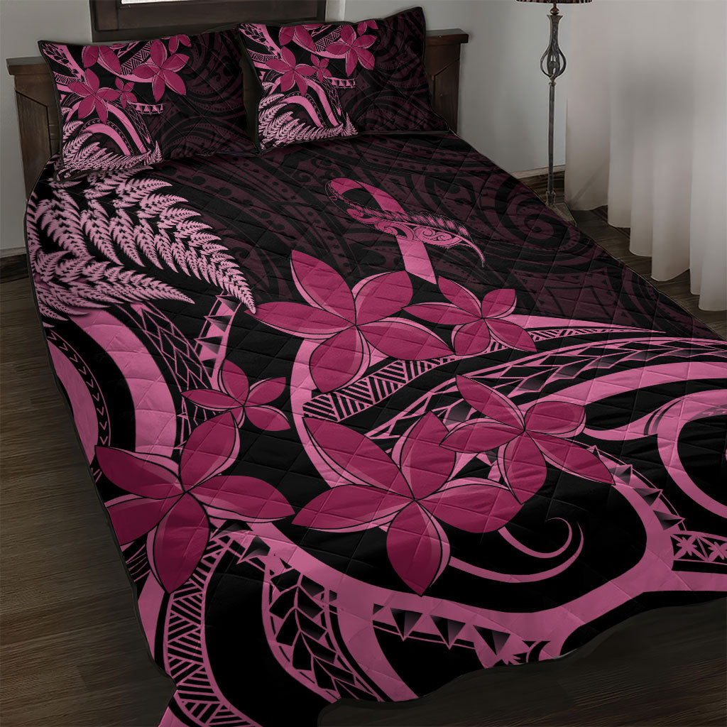 Aotearoa Maori Quilt Bed Set Pink Fern Ribbons on Black