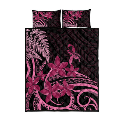 Aotearoa Maori Quilt Bed Set Pink Fern Ribbons on Black