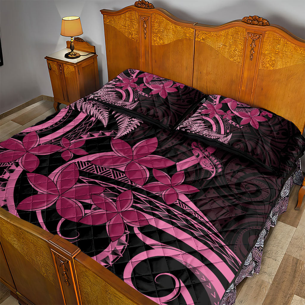 Aotearoa Maori Quilt Bed Set Pink Fern Ribbons on Black