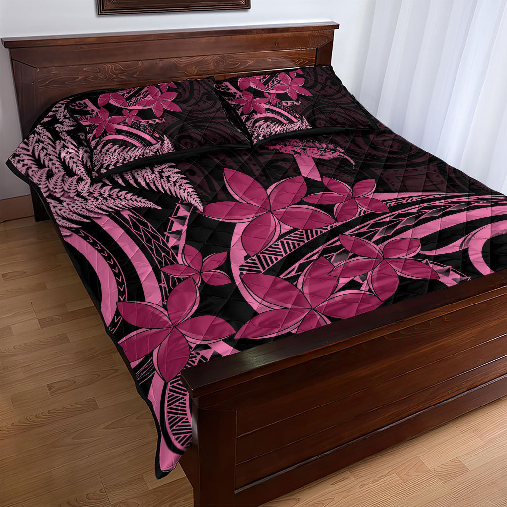 Aotearoa Maori Quilt Bed Set Pink Fern Ribbons on Black