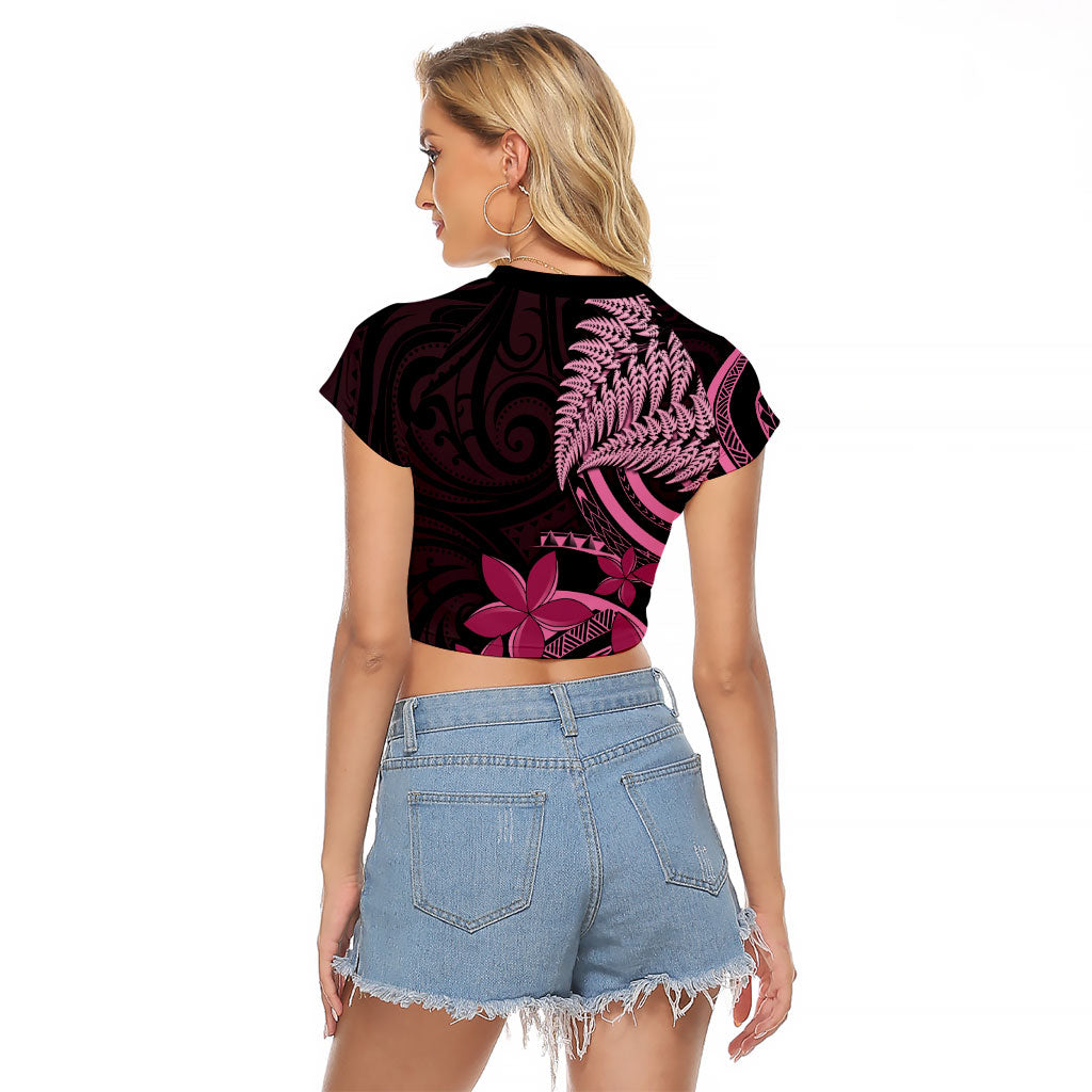 Aotearoa Maori Raglan Cropped T Shirt Pink Fern Ribbons on Black