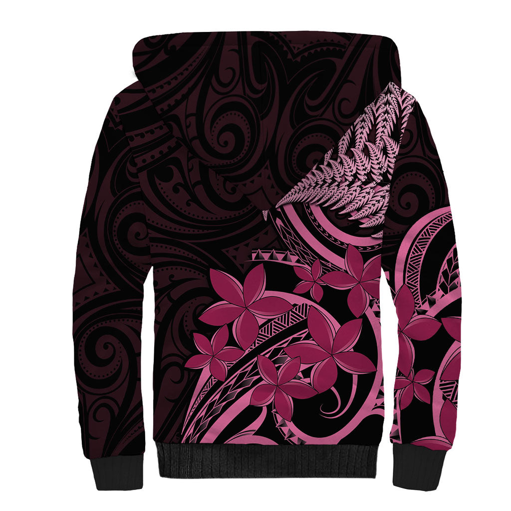Aotearoa Maori Sherpa Hoodie Pink Fern Ribbons on Black