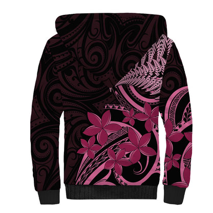 Aotearoa Maori Sherpa Hoodie Pink Fern Ribbons on Black
