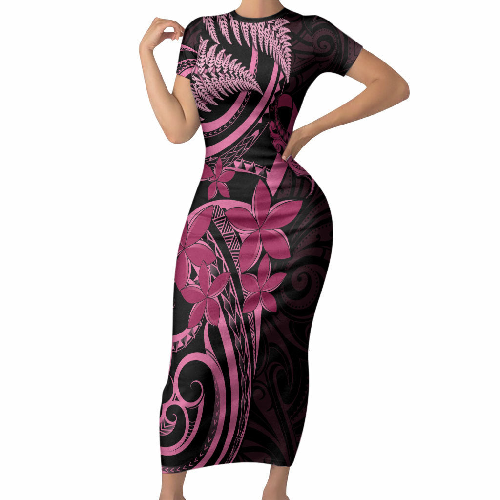 Aotearoa Maori Short Sleeve Bodycon Dress Pink Fern Ribbons on Black