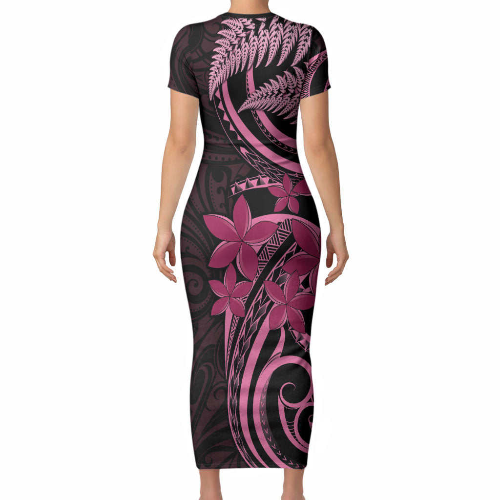 Aotearoa Maori Short Sleeve Bodycon Dress Pink Fern Ribbons on Black
