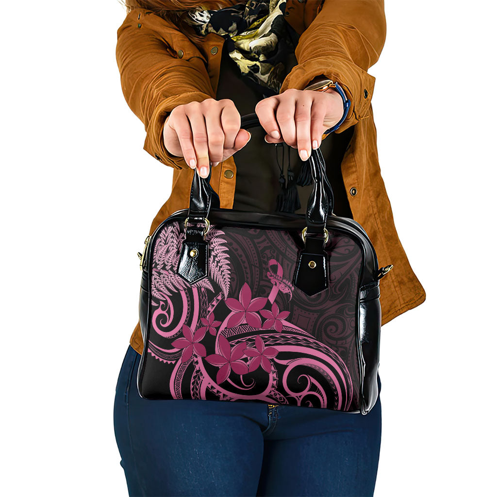 Aotearoa Maori Shoulder Handbag Pink Fern Ribbons on Black