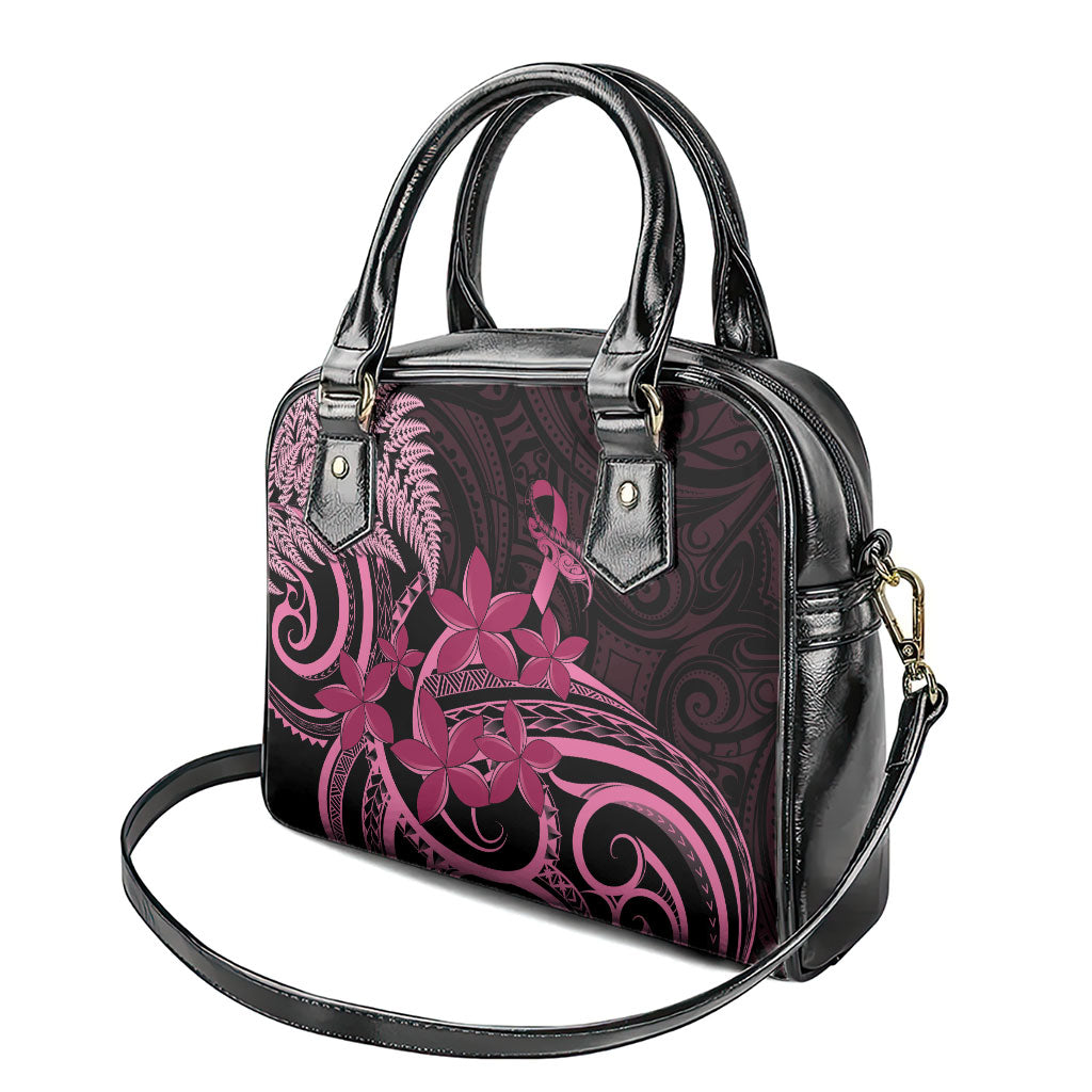 Aotearoa Maori Shoulder Handbag Pink Fern Ribbons on Black