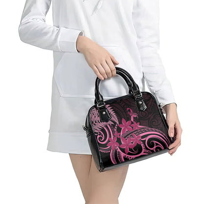 Aotearoa Maori Shoulder Handbag Pink Fern Ribbons on Black