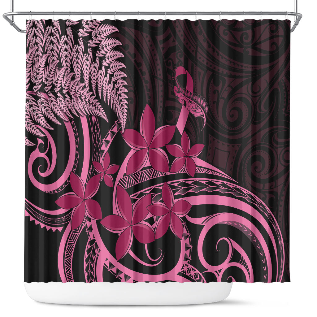 Aotearoa Maori Shower Curtain Pink Fern Ribbons on Black