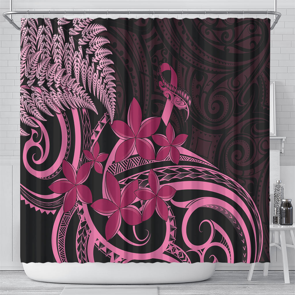 Aotearoa Maori Shower Curtain Pink Fern Ribbons on Black