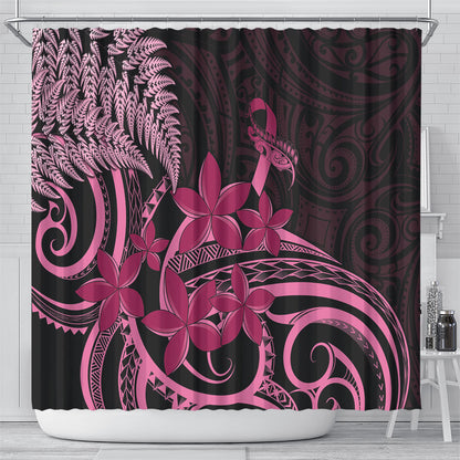 Aotearoa Maori Shower Curtain Pink Fern Ribbons on Black