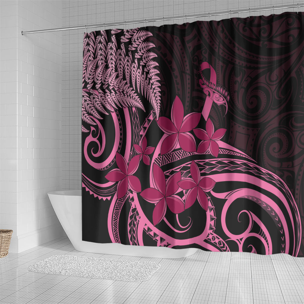 Aotearoa Maori Shower Curtain Pink Fern Ribbons on Black