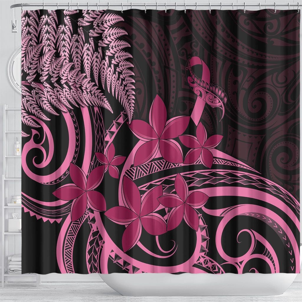 Aotearoa Maori Shower Curtain Pink Fern Ribbons on Black