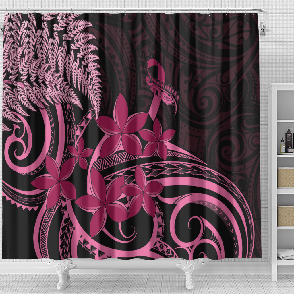 Aotearoa Maori Shower Curtain Pink Fern Ribbons on Black