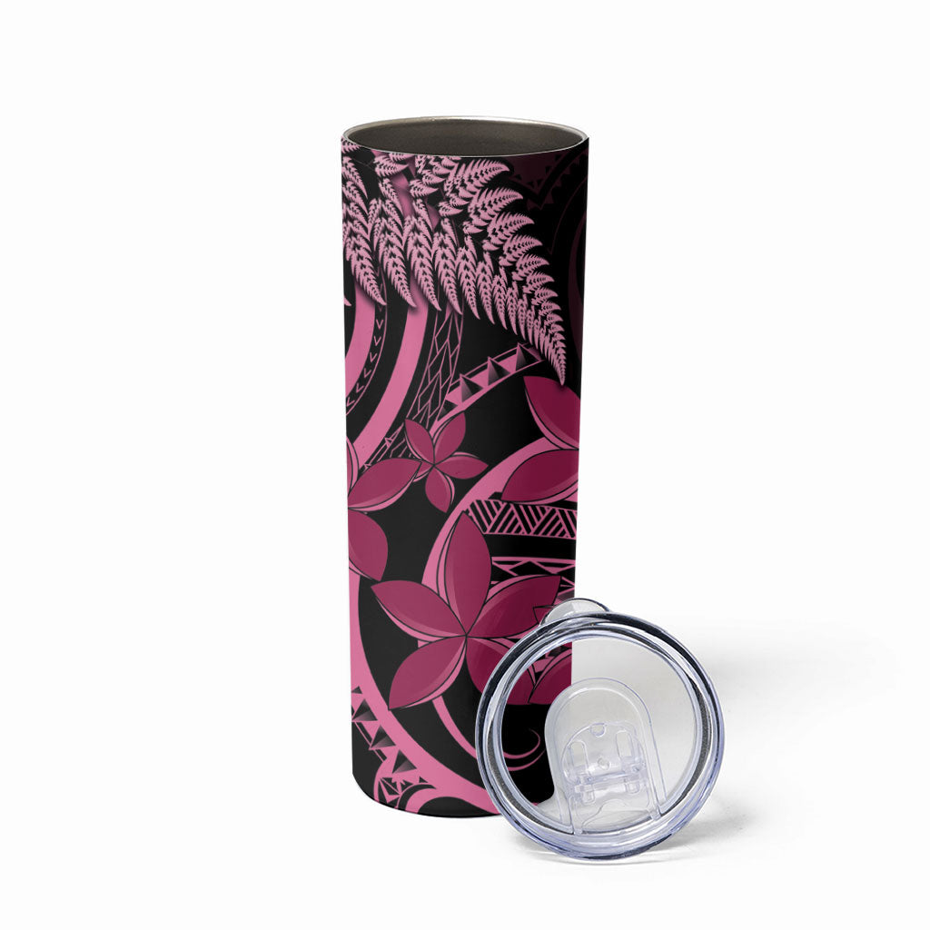 Aotearoa Maori Skinny Tumbler Pink Fern Ribbons on Black