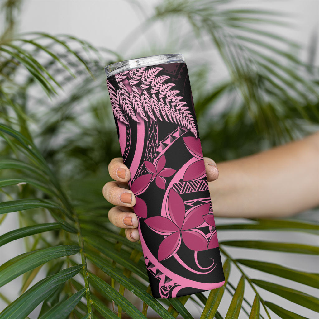 Aotearoa Maori Skinny Tumbler Pink Fern Ribbons on Black