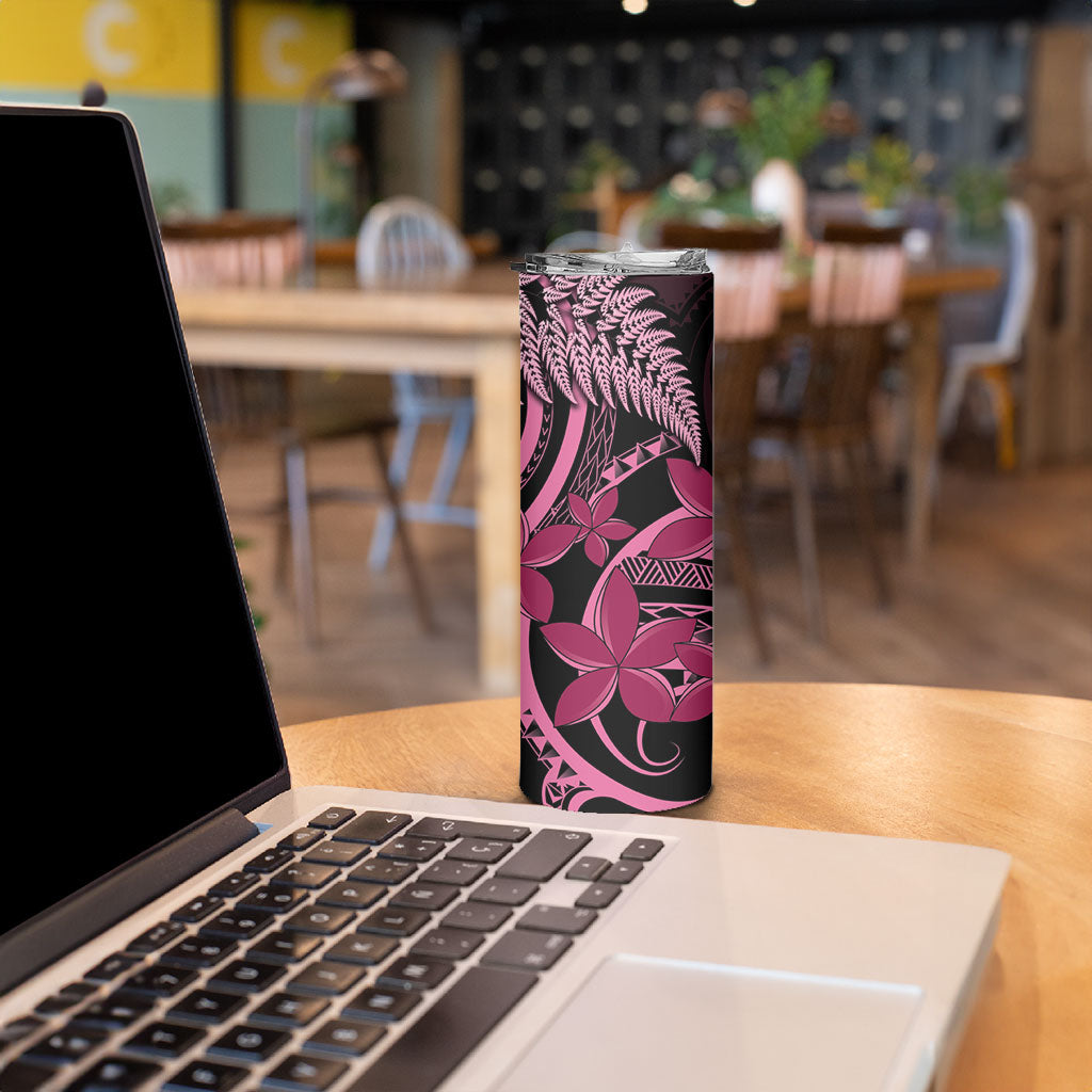 Aotearoa Maori Skinny Tumbler Pink Fern Ribbons on Black