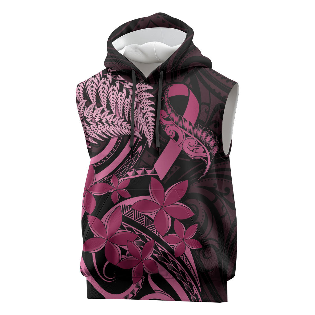 Aotearoa Maori Sleeveless Hoodie Pink Fern Ribbons on Black