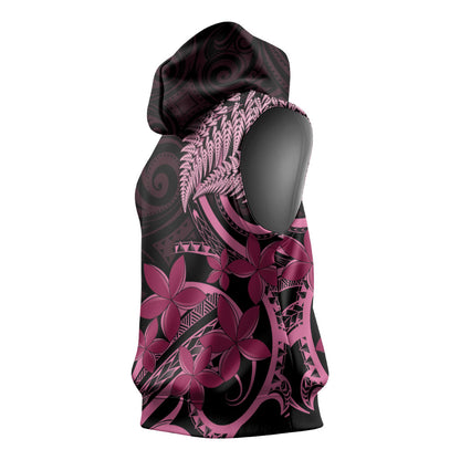 Aotearoa Maori Sleeveless Hoodie Pink Fern Ribbons on Black