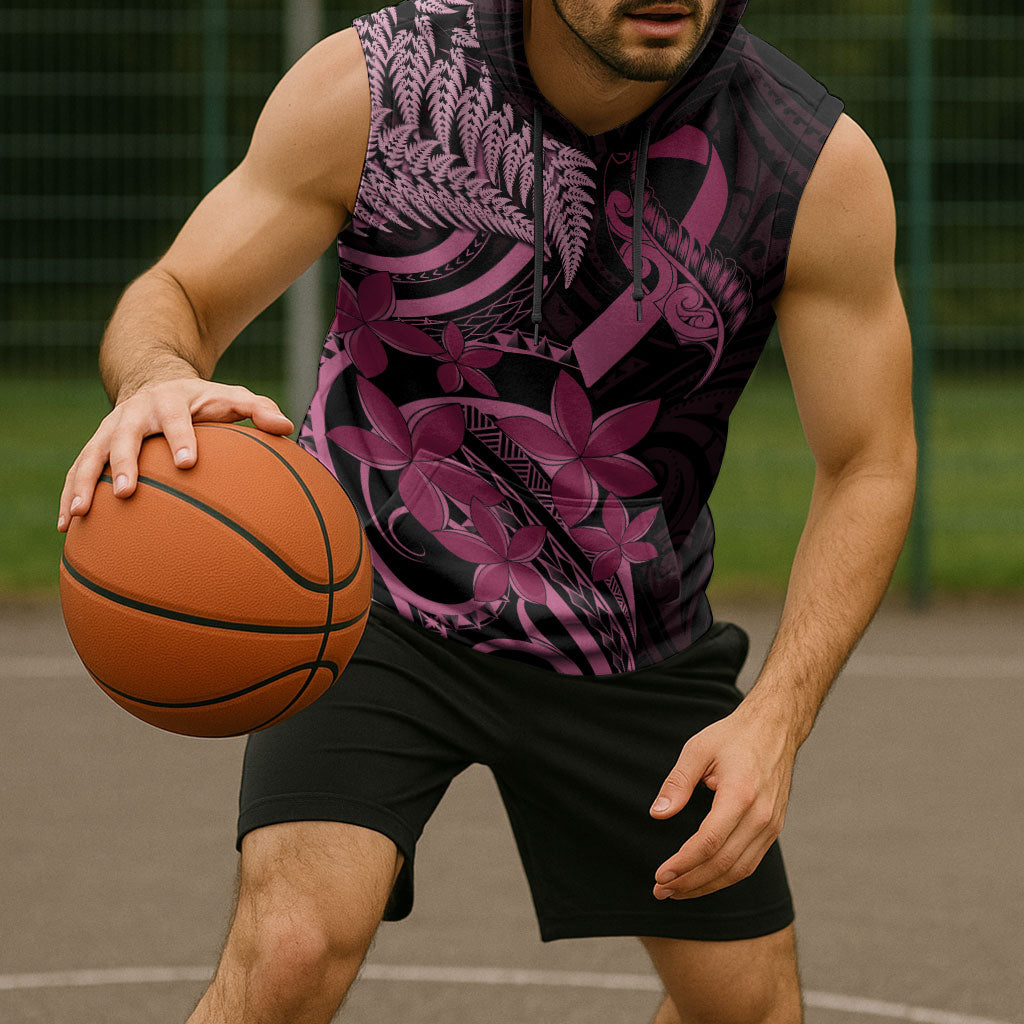 Aotearoa Maori Sleeveless Hoodie Pink Fern Ribbons on Black