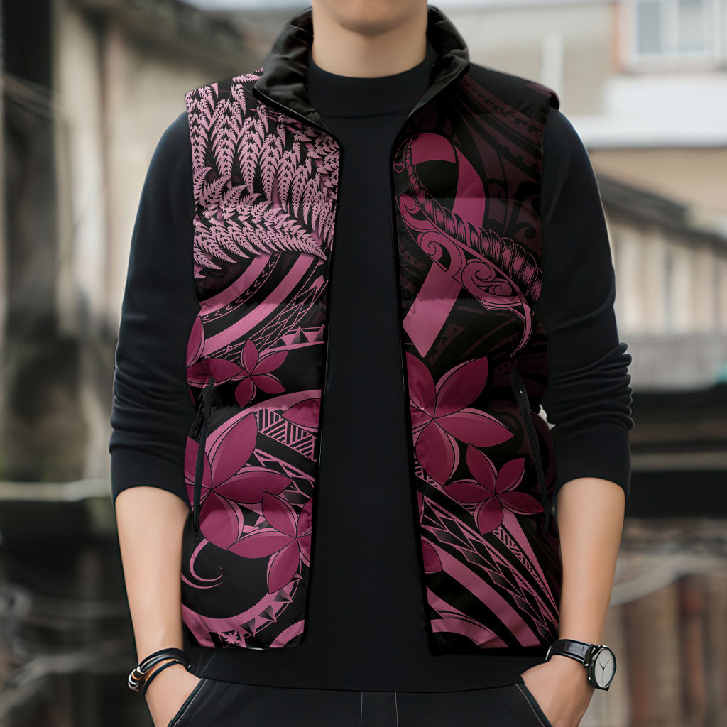 Aotearoa Maori Sleeveless Puffer Jacket Pink Fern Ribbons on Black