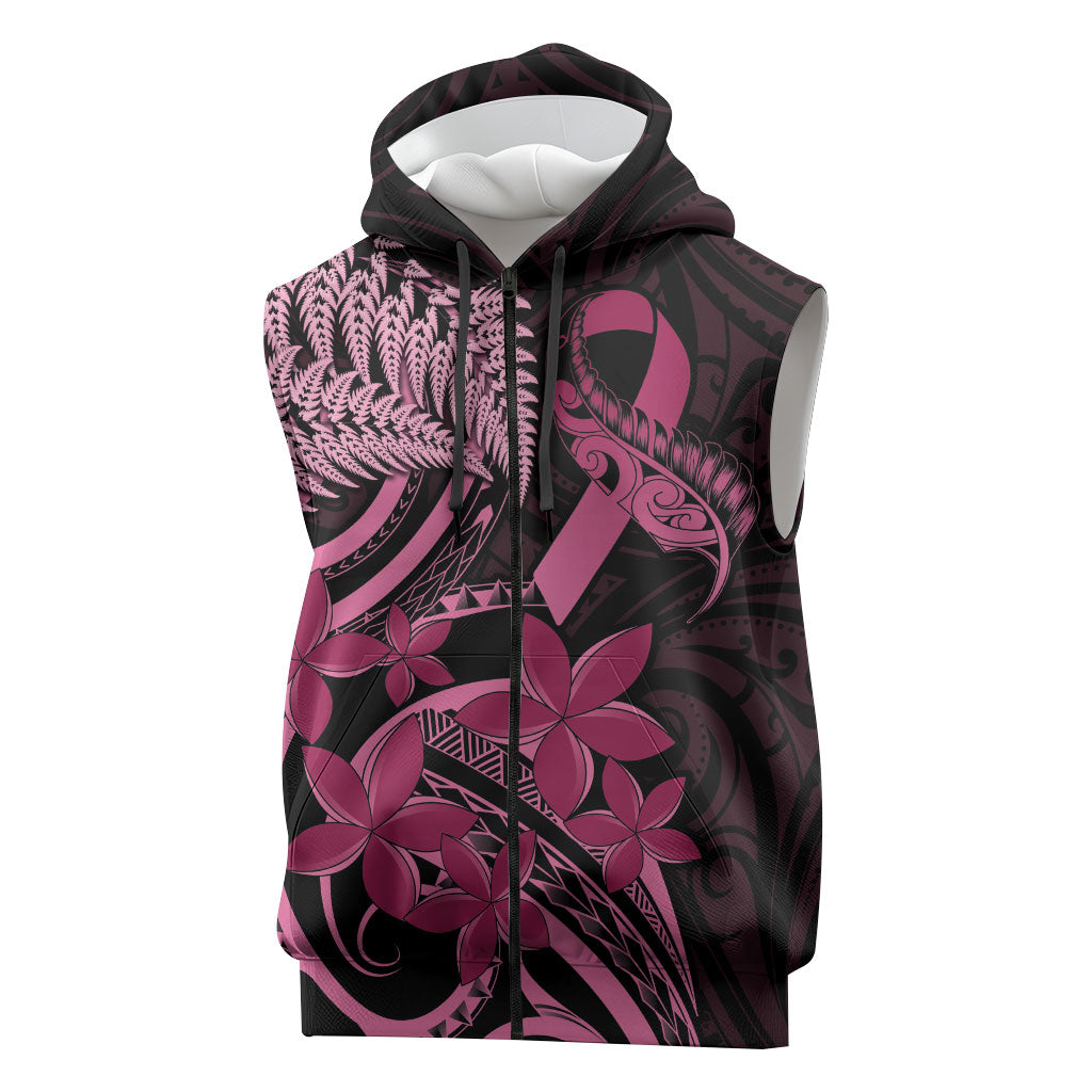Aotearoa Maori Sleeveless Zip Hoodie Pink Fern Ribbons on Black