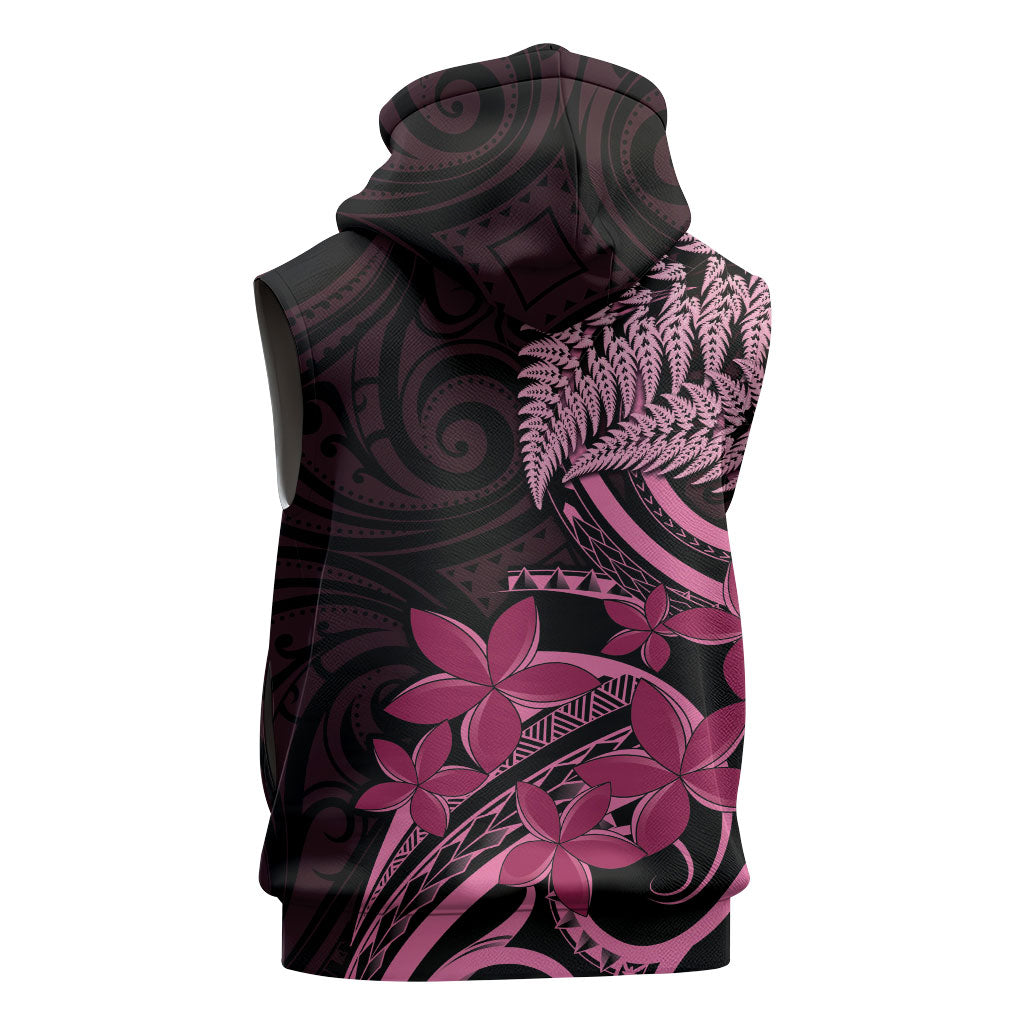 Aotearoa Maori Sleeveless Zip Hoodie Pink Fern Ribbons on Black