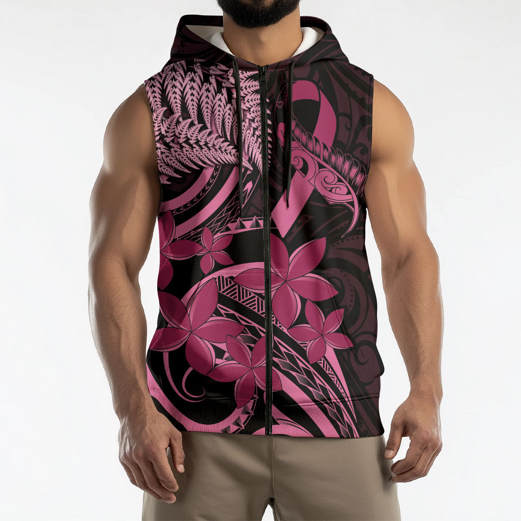 Aotearoa Maori Sleeveless Zip Hoodie Pink Fern Ribbons on Black