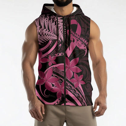 Aotearoa Maori Sleeveless Zip Hoodie Pink Fern Ribbons on Black
