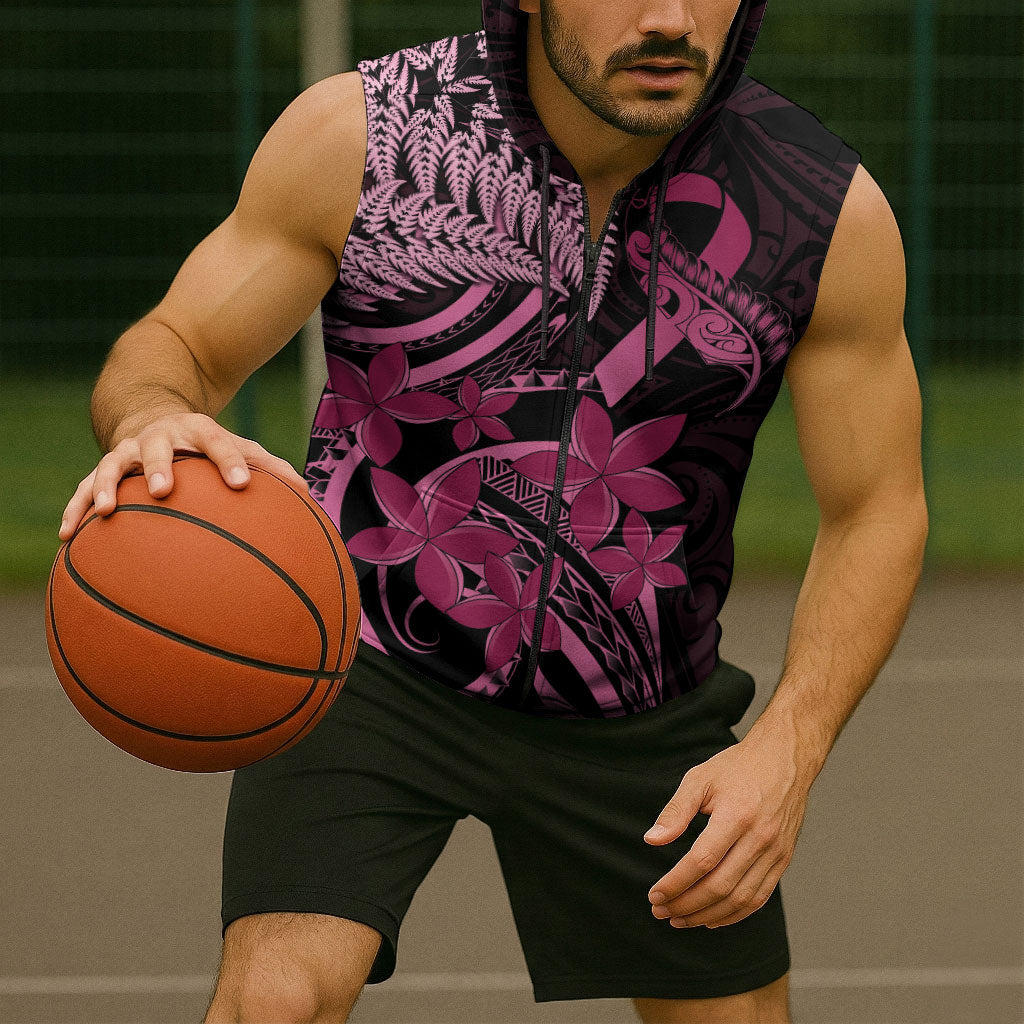 Aotearoa Maori Sleeveless Zip Hoodie Pink Fern Ribbons on Black