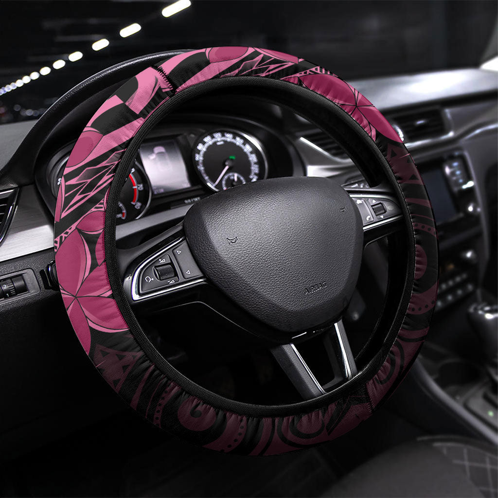 Aotearoa Maori Steering Wheel Cover Pink Fern Ribbons on Black