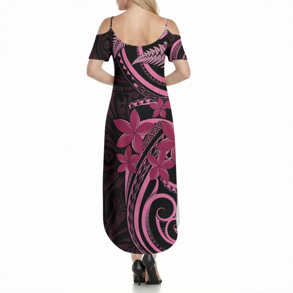 Aotearoa Maori Summer Maxi Dress Pink Fern Ribbons on Black