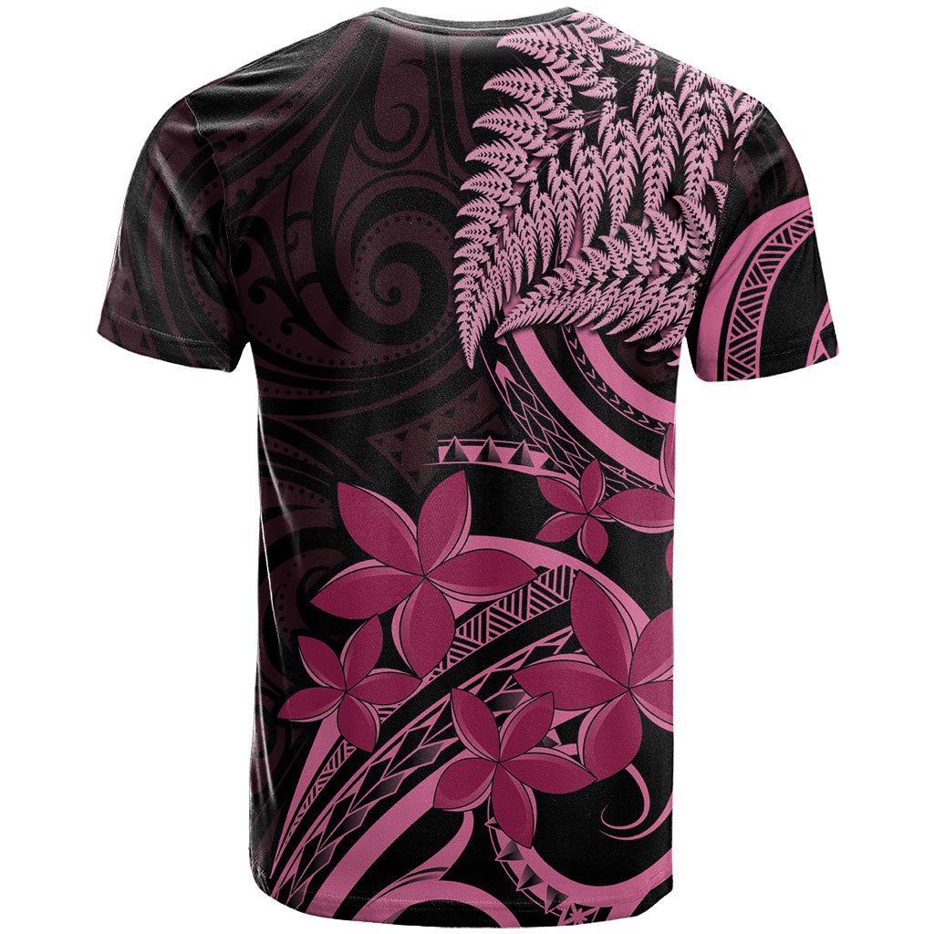 Aotearoa Maori T Shirt Pink Fern Ribbons on Black