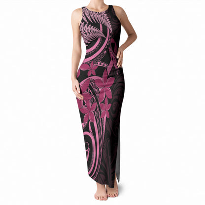 Aotearoa Maori Tank Maxi Dress Pink Fern Ribbons on Black