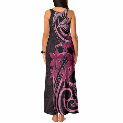 Aotearoa Maori Tank Maxi Dress Pink Fern Ribbons on Black