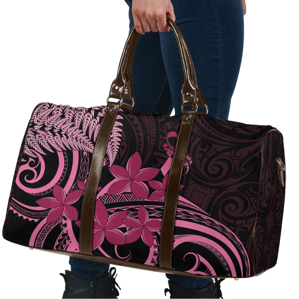 Aotearoa Maori Travel Bag Pink Fern Ribbons on Black