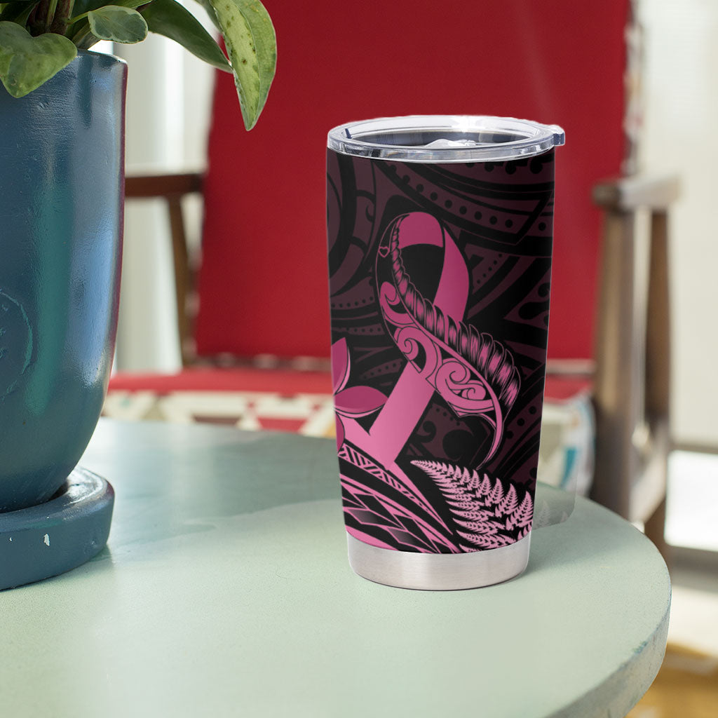 Aotearoa Maori Tumbler Cup Pink Fern Ribbons on Black