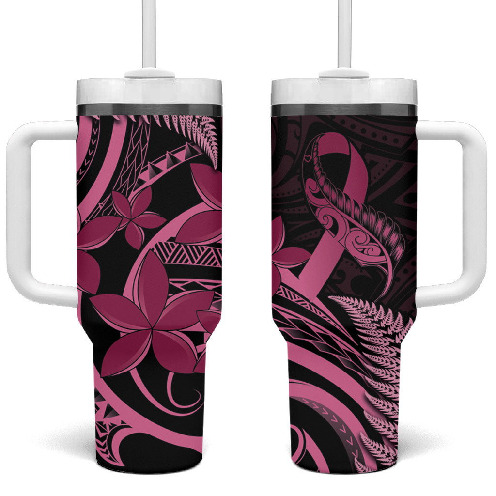 Aotearoa Maori Tumbler With Handle Pink Fern Ribbons on Black