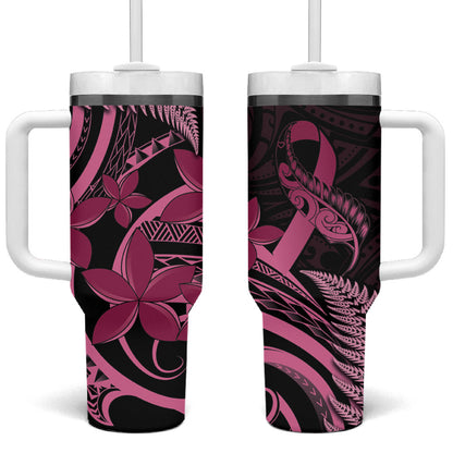 Aotearoa Maori Tumbler With Handle Pink Fern Ribbons on Black
