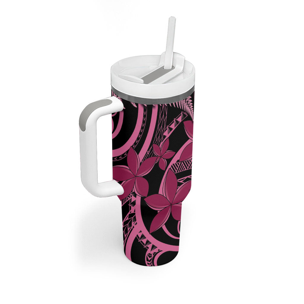 Aotearoa Maori Tumbler With Handle Pink Fern Ribbons on Black