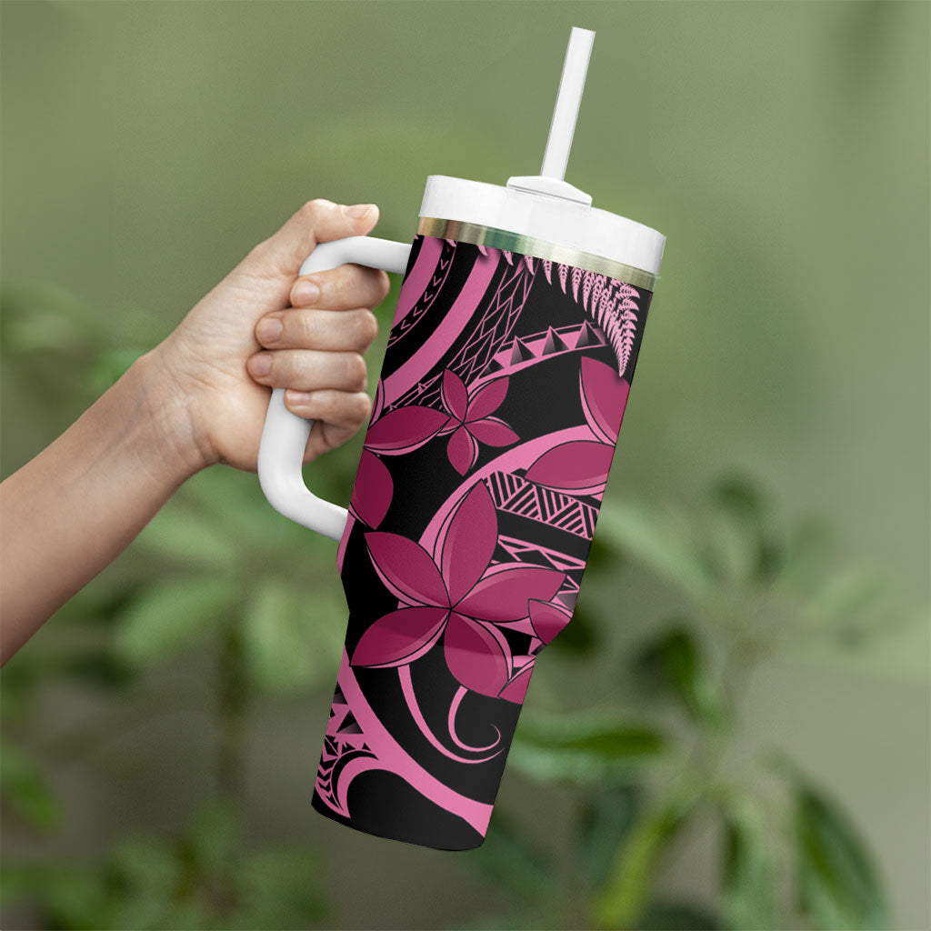 Aotearoa Maori Tumbler With Handle Pink Fern Ribbons on Black
